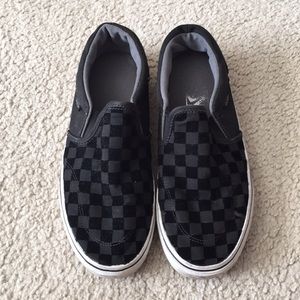 Vans black suede/black checkerboard slip-ons